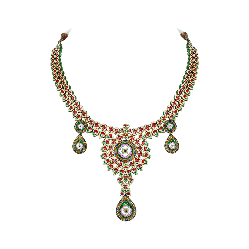 Rhodolite Cabochon Necklace with Polki Diamonds and Teardrops